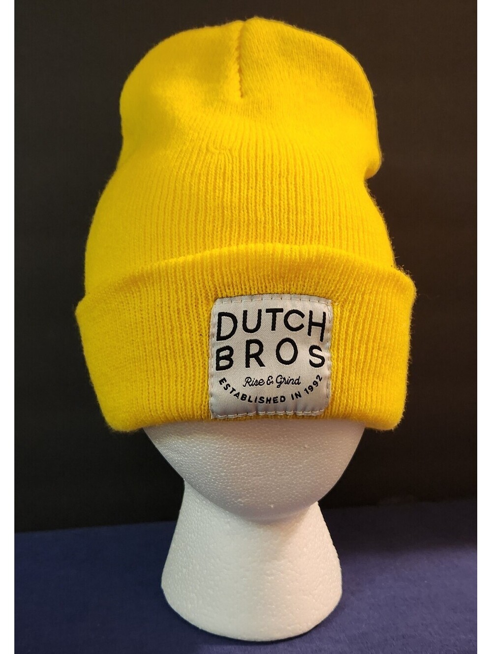Dutch Bros Coffee Rise and Grind Beanie Yellow Knit Hat Est 1992 Limited Edition